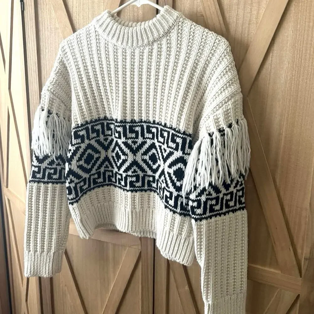 H&M Drop Shoulder Fringe Thick Ribbed Knit Wool Blend Sweater Size Small - Picture 4 of 9